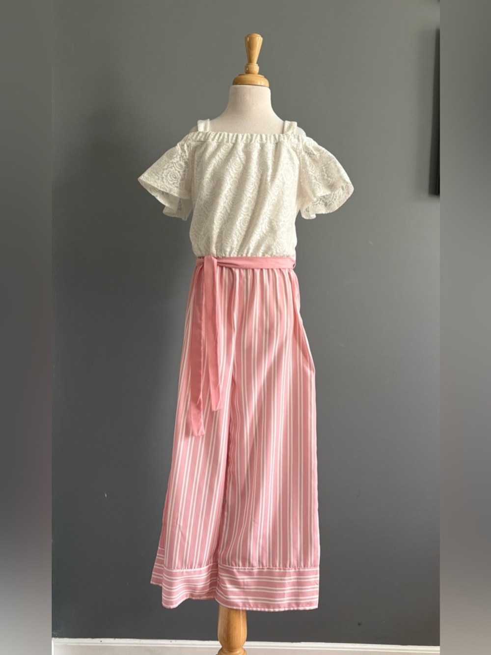 Lily Bleu White Lace Top jumper with satin striped bottom